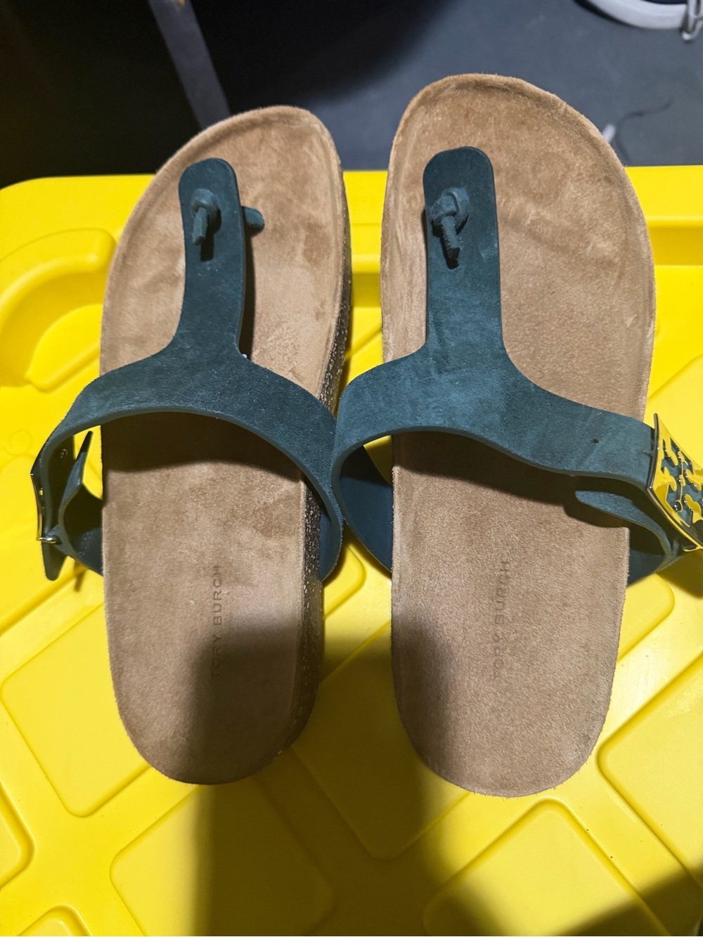 Tory Burch Teal and Tan Suede Toe-Loop Sandals